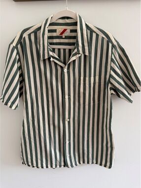 Best Made Co. Men's Medium Green and White Vertical Stripe Short Sleeve Shirt